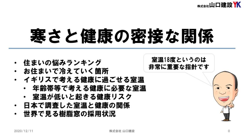 【YKKAP協賛】寒さと健康の密接な関係。寒い住まいは健康へのリスクが発生します。実は室温18度というのは重要な温度だったりもします。どのような健康リスクが有るか、どのように冷えるのを防ぐのか?