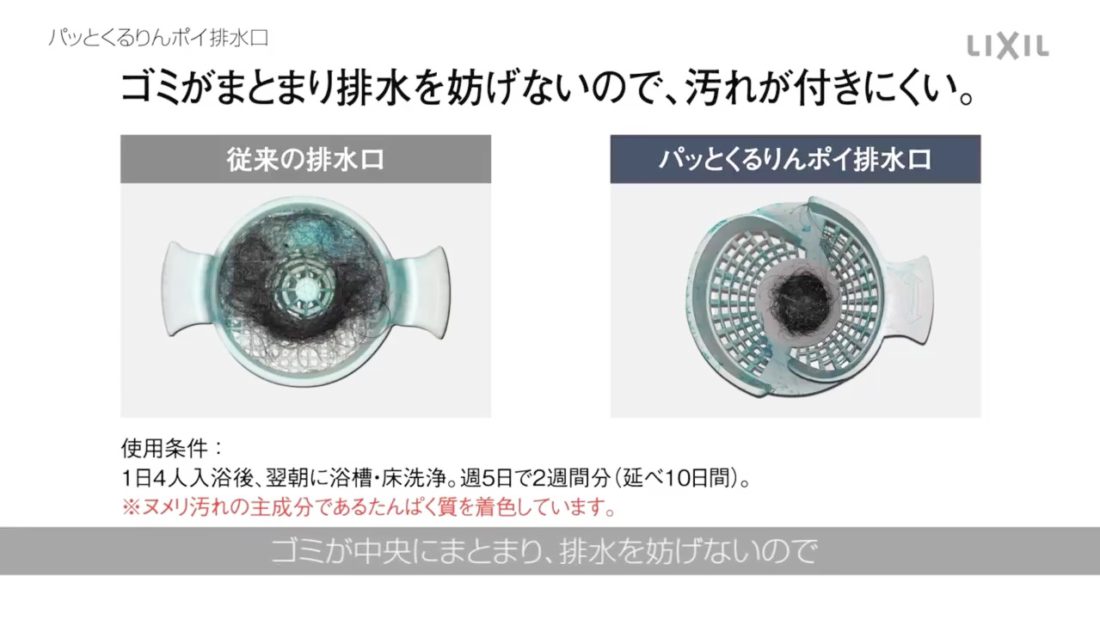 排水を妨げないので従来の排水口と比べて汚れがつきにくい!
