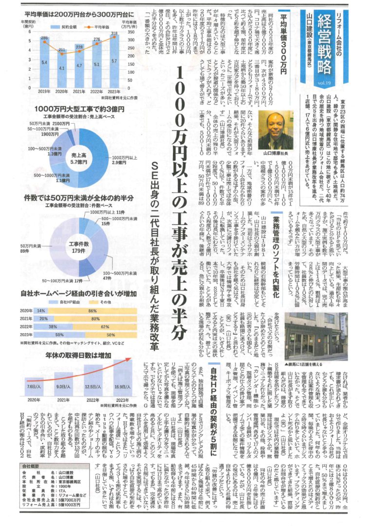 『リフォーム産業新聞』に、山口建設の経営ノウハウが“リフォーム会社の経営戦略”として掲載されました！