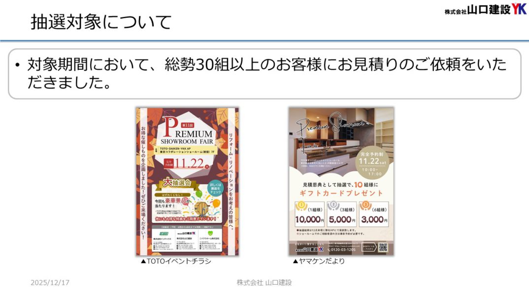 「ヤマケン大抽選会（見積恩典）」抽選結果について（2025年11月1日～11月30日開催）
