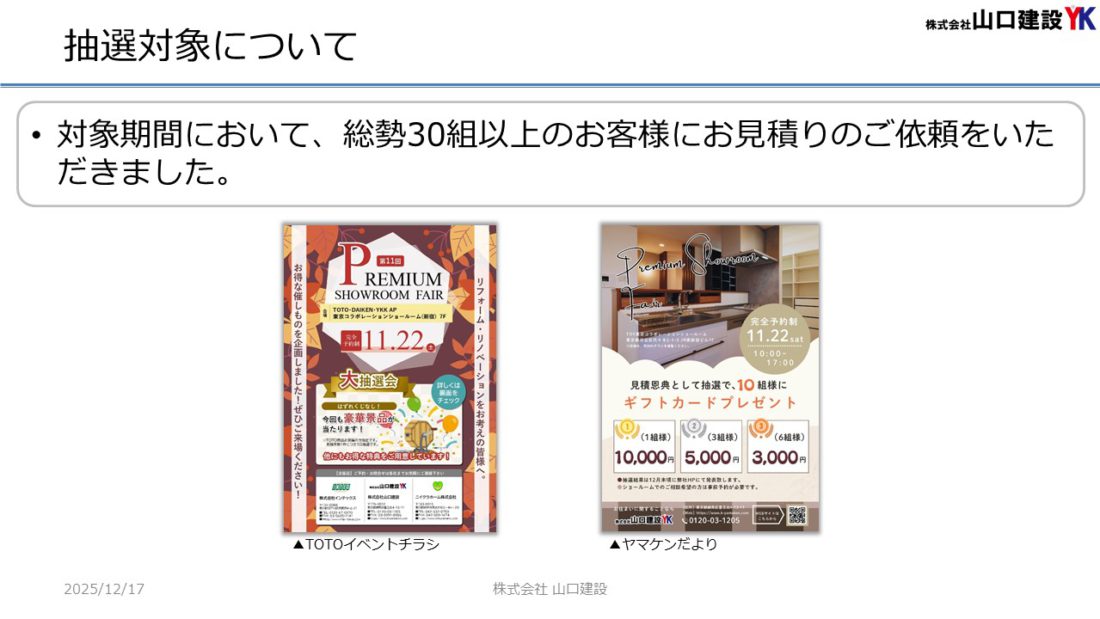 「ヤマケン大抽選会（見積恩典）」抽選結果について（2025年11月1日～11月30日開催）